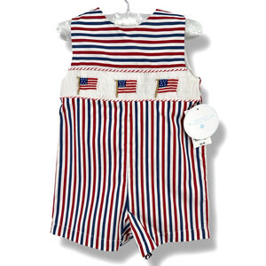 Edgehill Collection Patriotic USA Flag Embroidered Smocked Romper Boys Sz 9 Mos